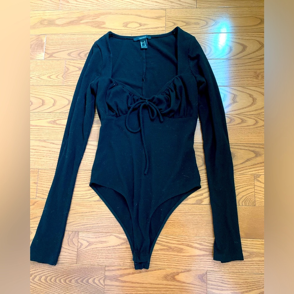 Black Bodysuit Long Sleeve - Flattering sweetheart neckline
